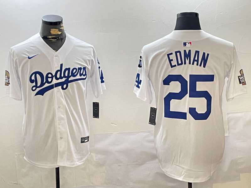 Mens Los Angeles Dodgers #25 Tommy Edman White 2024 World Series With Fernando Memorial Patch Home Limited Stitched Jerseys